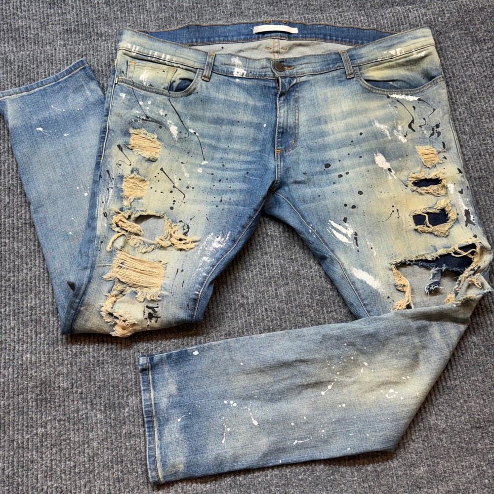 Golden Denim Mens 42x32 Blue Distressed Paint Splatter Jeans USA